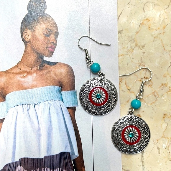 Boho Silver Round Turquoise Bead Drop  Earrings - Picture 7 of 14